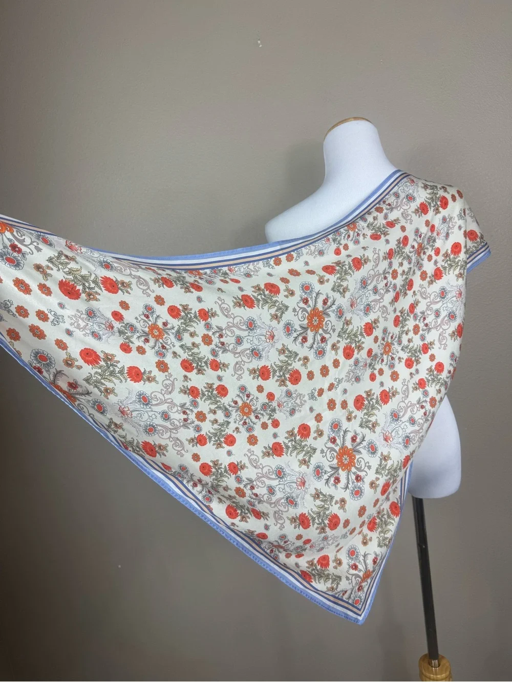La Seine 100% Silk Triangle Floral Scarf in Blue white made in Italy